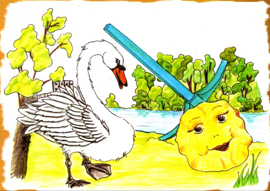 Der Pfannkuchen begegnet einem Schwan am Auedamm